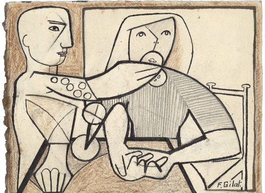 Detail of Francoise Gilot's Adam Forcing Eve to Eat an Apple, 1946. Pencil, coloured pencil and pen and ink. 12.8x16.6cm, Courtesy of Krystyna Campbell-Pretty AM and Family, through the Australian Government's Cultural Gifts Program.