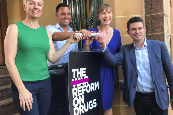 Cross-party harm minimisation roundtable:  Cate Faehrmann MLC (left); NSW Greens; Alex Greenwich MP, Independent; Member for Sydney; Jo Haylen MP, Labor; Member for Summer Hill; Shayne Mallard Liberal Party.