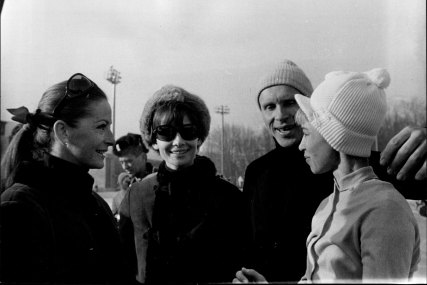 Audrey Hepburn (in dark glasses) with Vicomtesse De Ribes (left) and Russian skaters Oleg Protopopov and Ludmila Belosuva on the eve of the opening of the 1968 Winter Olympics in Grenoble, France.