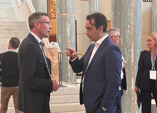 RTBU national secretary Mark Diamond speaks with NSW Premier Dominic Perrottet in Parliament House on Thursday.