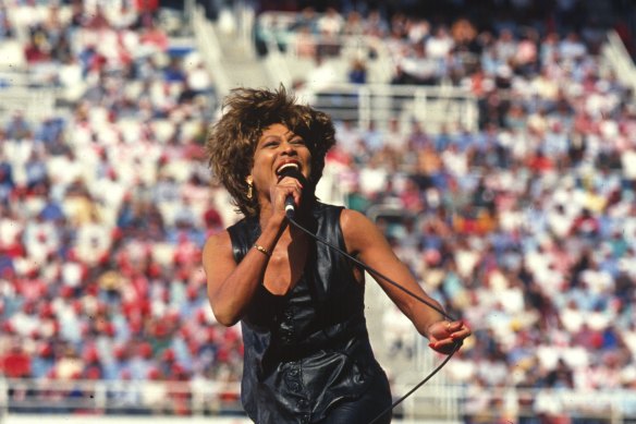 Tina Turner performing at the 1993 NRL grand final at Allianz Stadium. 