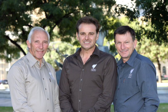 Liggett with fellow SBS Tour de France commentators Mike Tomalaris and (right) the late Paul Sherwen in 2011.