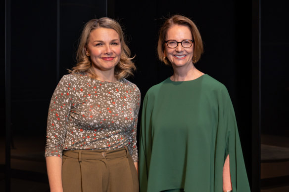 Julia Gillard (right) with Justine Clarke, who plays the former prime minister on stage.