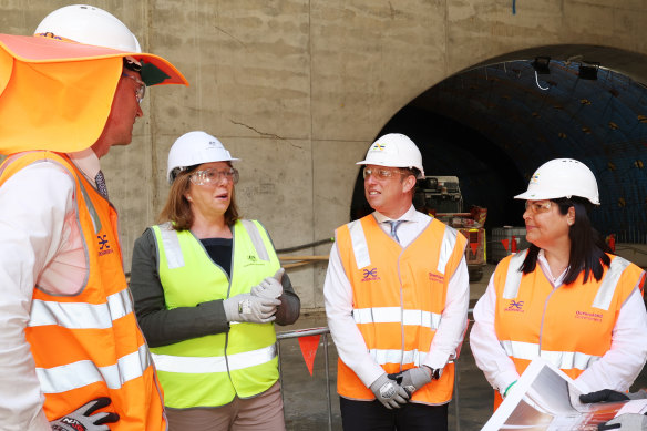 Better times: Transport Minister Mark Bailey with federal Infrastructure Minister Catherine King, Deputy Premier Steven Miles, and Education Minister Grace Grace at Brisbane’s Cross River Rail project.