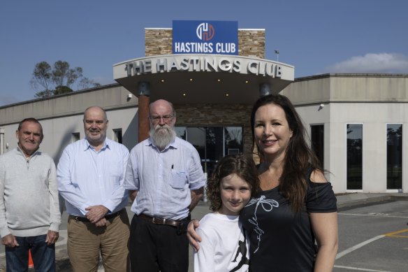 Hastings Club member Ted Gent, club accountant Peter Newton, club president David Gibbs, Jaxon Barr and mum Nicky.