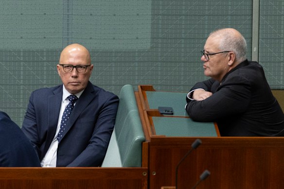 Peter Dutton and Scott Morrison in 2023. Sources say the Liberal Party has been unable to shake the perception it is anti-China.