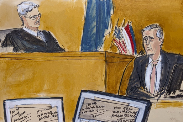 A court sketch of Michael Cohen (right) testifying on the witness stand in Manhattan criminal court.