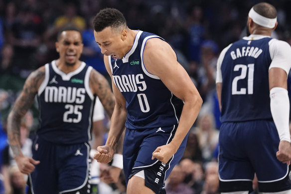 Dallas Mavericks guard Dante Exum (0) reacts to a play in the western conference finals