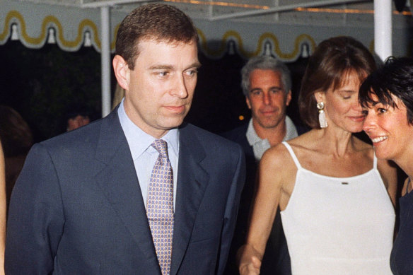 Prince Andrew, Jeffrey Epstein (at rear) and Ghislaine Maxwell (at far right) in 2000.