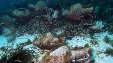 Ancient amphoras at the bottom of the sea from a 5th century BC shipwreck. Recreational divers will be able to visit the wreck near the coast of Peristera, Greece. 