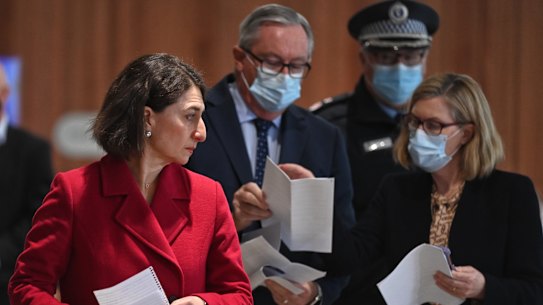 Premier Gladys Berejiklian, Health Minister Brad Hazzard, NSW Police Deputy Commissioner Gary Worboys and Chief Health Officer Dr Kerry Chant on Friday.