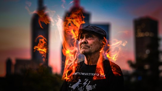 Aboriginal elder Uncle Robbie Thorpe at Camp Sovereignty, a meeting and ceremonial place that Thorpe originally set-up in 2006 during the Commonwealth Games to bring attention to the plight of Aboriginal people