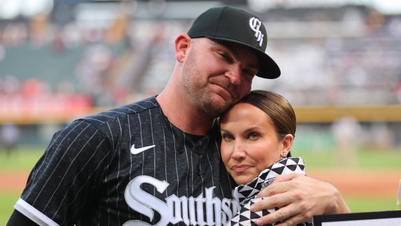 Liam Hendriks and his wife, Kristi, before his comeback game for the Chicago White Sox.