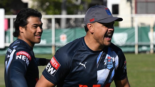 Latrell Mitchell fires up at NSW training.