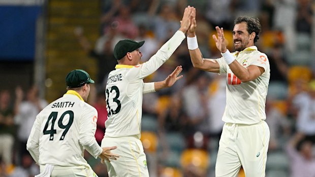 Mitchell Starc celebrates a wicket at the Gabba.