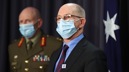 COVID-19 Taskforce Commander, Lieutenant General John Frewen and Chief Medical Officer Professor Paul Kelly  during a press conference at Parliament House in Canberra on Friday 6 August 2021. fedpol Photo: Alex Ellinghausen