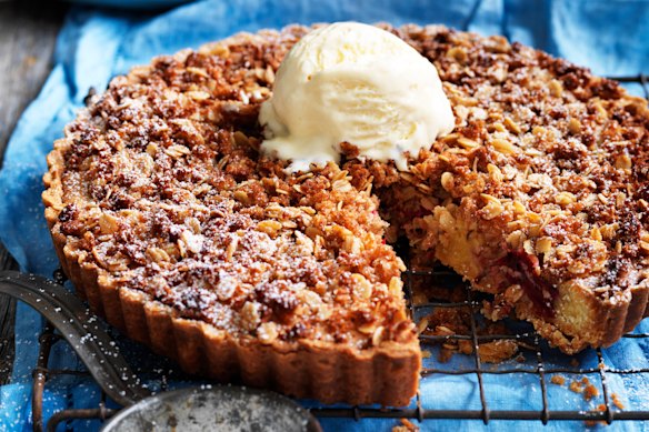 recipes Neil Perry's rhubarb and almond crumble tart.