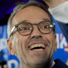 Herbert Kickl, leader of the Freedom Party of Austria waves to supporters, in Vienna. He said he’ll start coalition negotiations straight away.