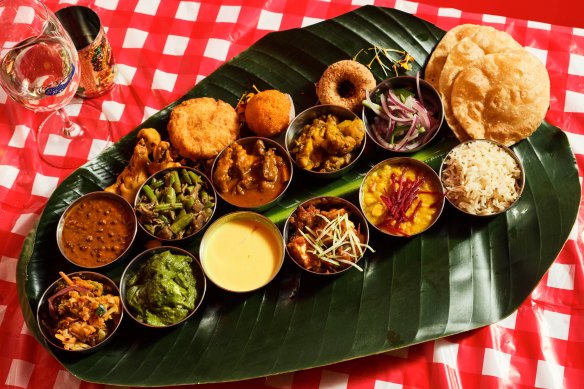 The banana leaf thali is an easy way to taste more of the menu.