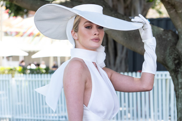 Simone Holtznagel in a Lillian Khallouf dress attends Everest Race Day at Royal Randwick Racecourse.