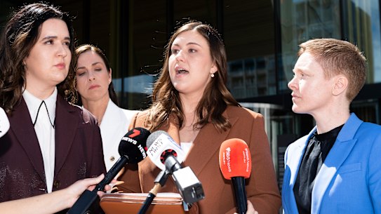 Brittany Higgins address the media outside the ACT Supreme Court.