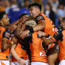 The Wests Tigers during their win over the Sharks.