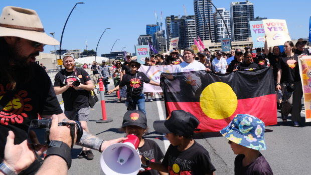 ‘Voting with us, not for us’: Thousands of Voice supporters march in Brisbane