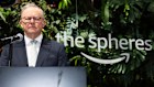 Anthony Albanese at a press conference during the Prime Minister’s visit to the Amazon Spheres in Seattle.