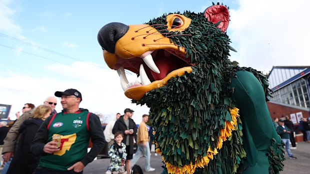 Tasmania Devils mascot Rum’un mixes with fans at a VFL match.