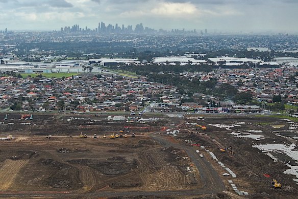 An aerial view of the land / site for the proposed data centre at the old Ford Broadmeadows Assembly Plant in Campbellfield. 5th of August 2026, The Age news Picture by JOE ARMAO