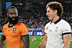 Semi Radradra of Fiji speaks with Mark Nawaqanitawase of Australia in Saint-Étienne.