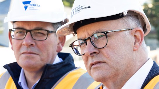 Anthony Albanese, right, with Victorian Premier Daniel Andrews announcing $2.2 billion funding for the Suburban Rail Loop n May 10. 