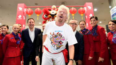 Virgin Australia founder, and now 10 per cent shareholder, Richard Branson at the launch of Virgin's first Melbourne-Hong Kong flight in July 2017.  