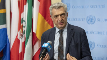 Filippo Grandi, the United Nations High Commissioner for Refugees, addresses the media at United Nations headquarters.