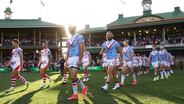 James Tedesco leads the Roosters out on to the SCG on Sunday.