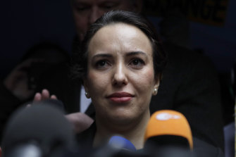 Stella Moris, pictured outside the Old Bailey, pleaded for Donald Trump to pardon Julian Assange.