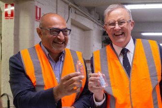 Peter Khalil at a factory in Brunswick earlier this year with federal leader Anthony Albanese,
