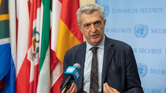 Filippo Grandi, the United Nations High Commissioner for Refugees, addresses the media at United Nations headquarters.