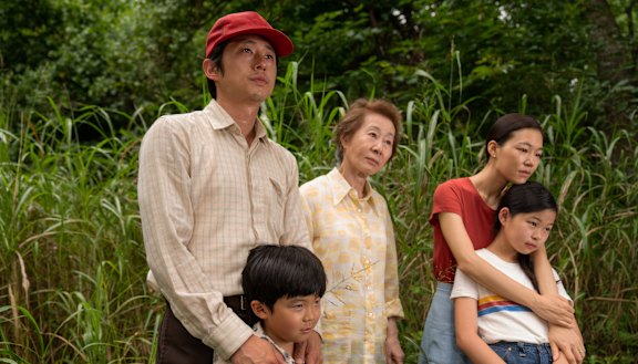 Two acting nominations: Steven Yeun with (from left) Alan S. Kim, Yuh-Jung Youn, Yeri Han and Noel Cho in Minari.
