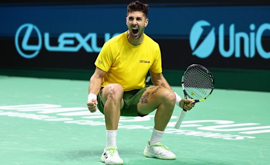 Kokkinakis celebrates his Davis Cup quarter-final victory over American Ben Shelton last month.