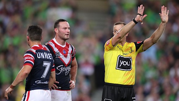 Cooper Cronk is sent to the sin bin after tackling Josh Papalii without the ball.