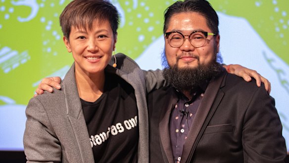Denise Ho and Chinese political cartoonist Badiucao before the start of the panel event in Melbourne.