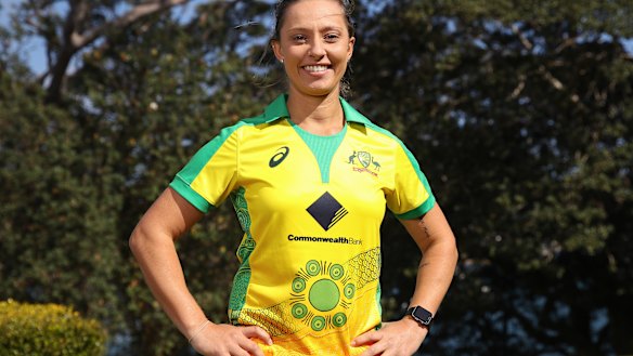 Ashleigh Gardner models the women's Indigenous uniform worn earlier this year.