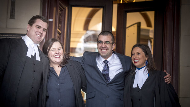 Faruk Orman (third from left) with Ruth Parker (second from left) on the steps of the Supreme Court after his conviction was quashed.
