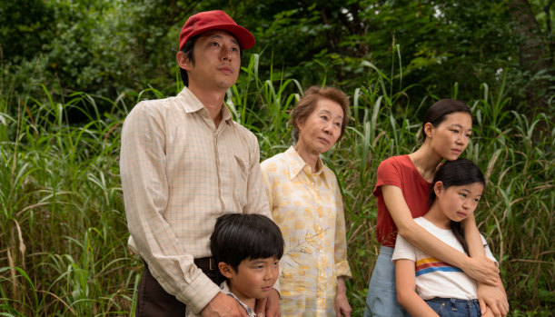 Two acting nominations: Steven Yeun with (from left) Alan S. Kim, Yuh-Jung Youn, Yeri Han and Noel Cho in Minari.
