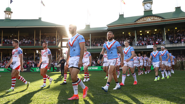 James Tedesco leads the Roosters out on to the SCG on Sunday.