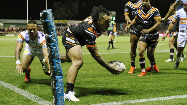 Thrice as nice: Mahe Fonua had a field day out wide for the Tigers in Tamworth, scoring three tries.