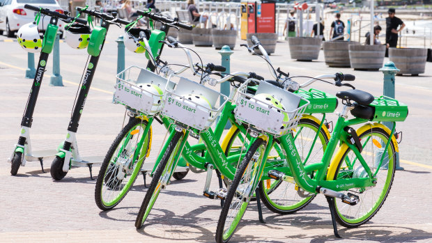 Green machines: Bright green Lime bicycles have appeared on Sydney streets, but scooters may soon follow.