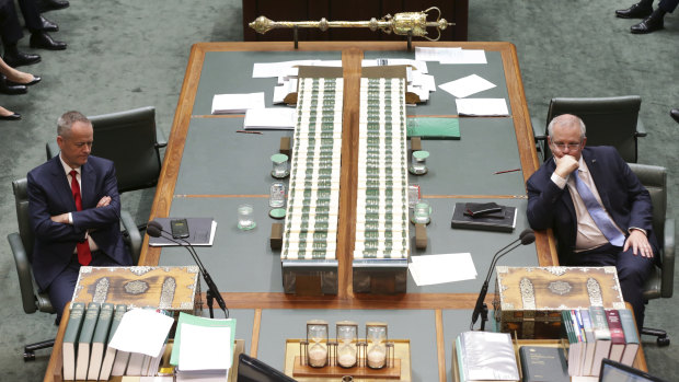 Opposition Leader Bill Shorten and Prime Minister Scott Morrison in Parliament House on the final sitting day of the year.