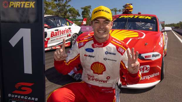 Clean sweep: Scott McLaughlin, driver of the Shell V-Power Racing Team Ford Mustang celebrates after winning race 18 during the Darwin Triple Crown 2020 Supercars round at Hidden Valley Raceway.